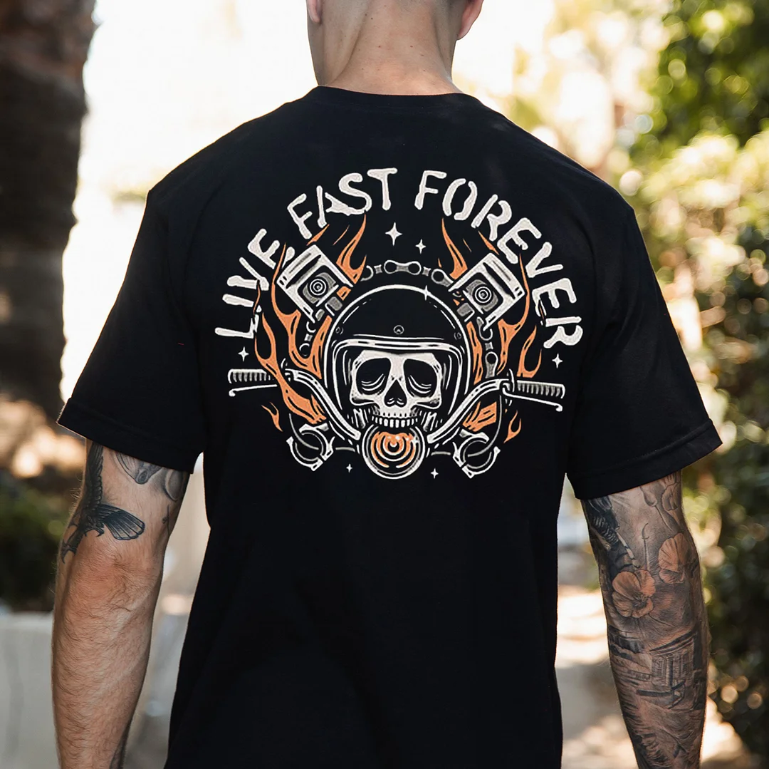 LIVE FAST FOREVER Helmet Skull&Piston Print Men's T-shirt