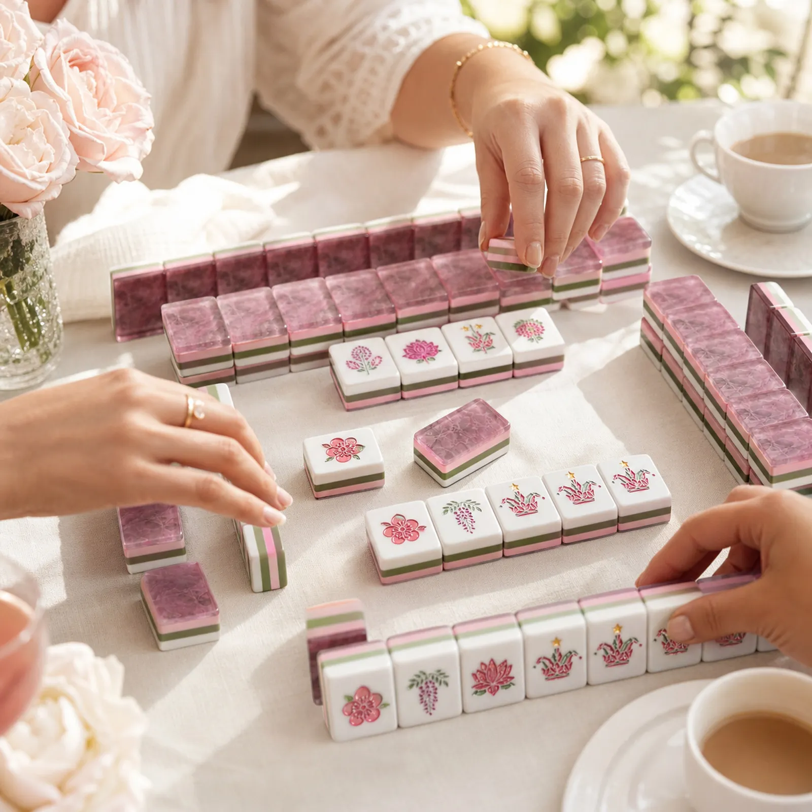 Pink Rose tiles styled for a polished game-night table.