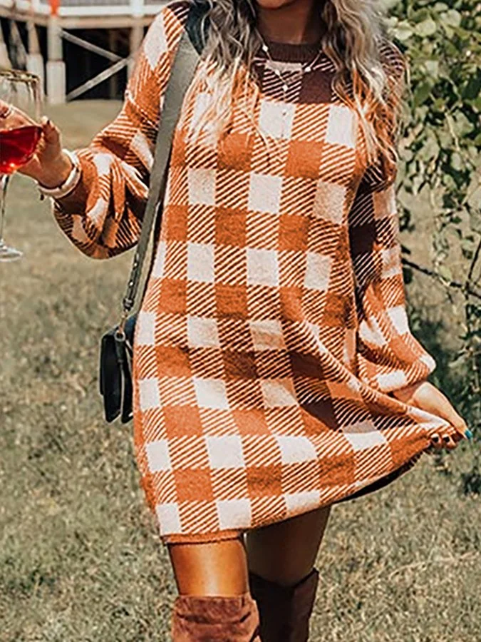 Round Neck Plaid Print Long-Sleeve Dress