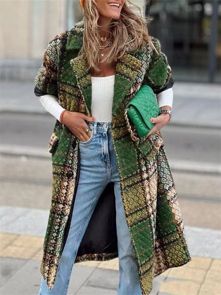 Fashionable Long Sleeve Lapel Print Long Coat-Hoverseek