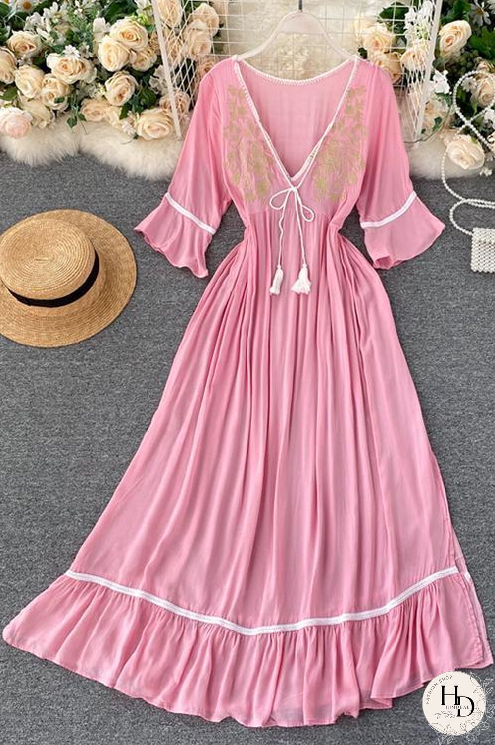 Embroidery Flares Sleeve Maxi Dress