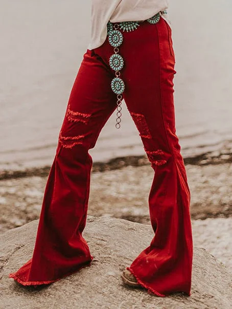 Women's Ruby Red Distressed Bell Bottoms