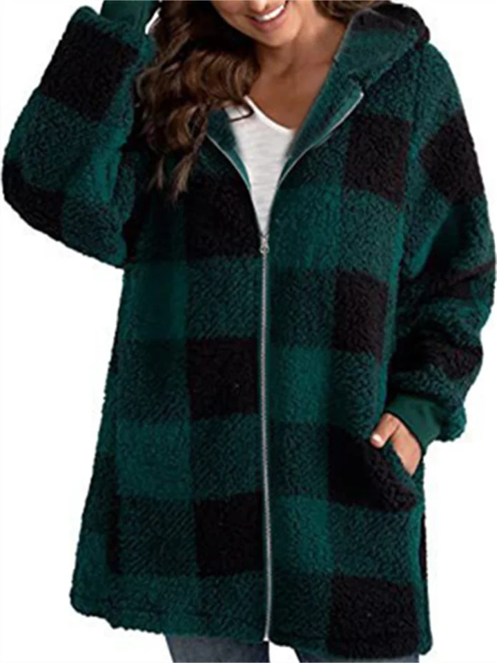 Women's Fleece Jacket Basic Pocket Zip Up Green Black Blue Plaid Street Hoodie Long Sleeve Fleece S M L XL 2XL 3XL | 168DEAL