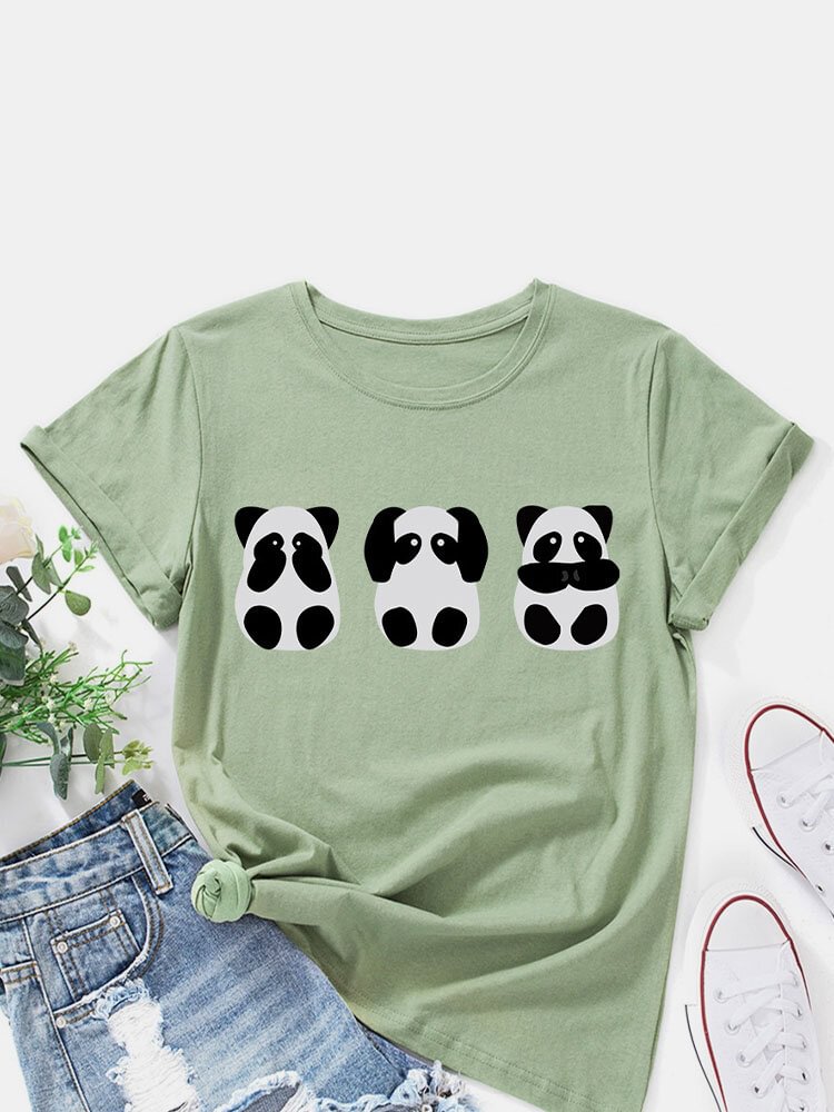 Cartoon Panda Print Short Sleeve O neck Casual Women T shirt P1855079
