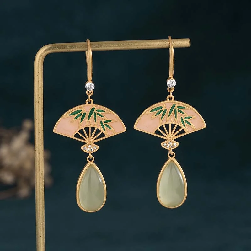 Green Aventurine Fan Pattern Luck Drop Earrings