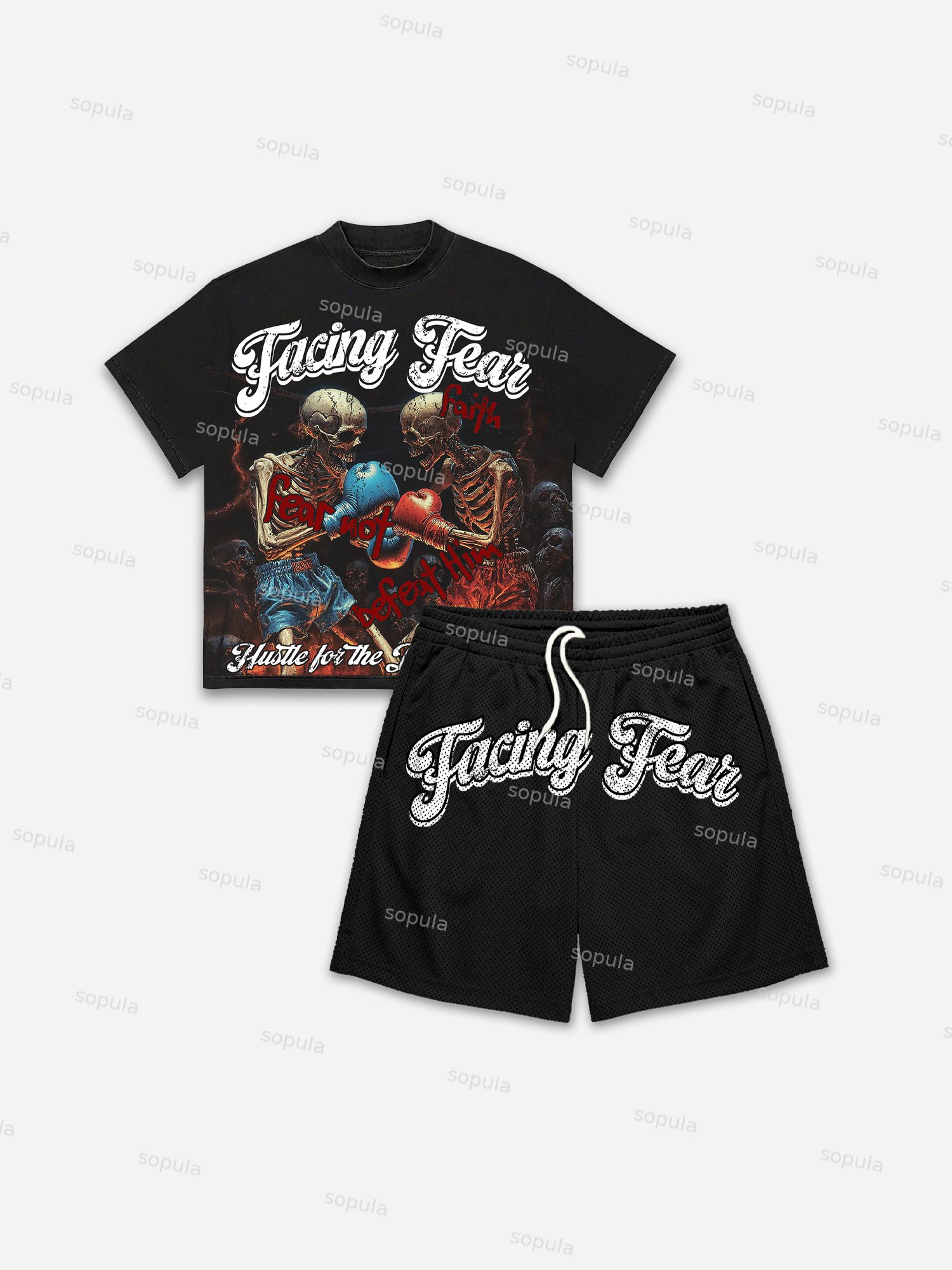 Flaming Skull Boxer Faith Print Short Sleeve Tee & Shorts Two Piece Set - SOPULA