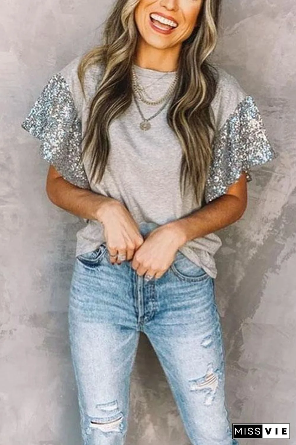 Short Sleeve Sequin Round Neck T-Shirt Top