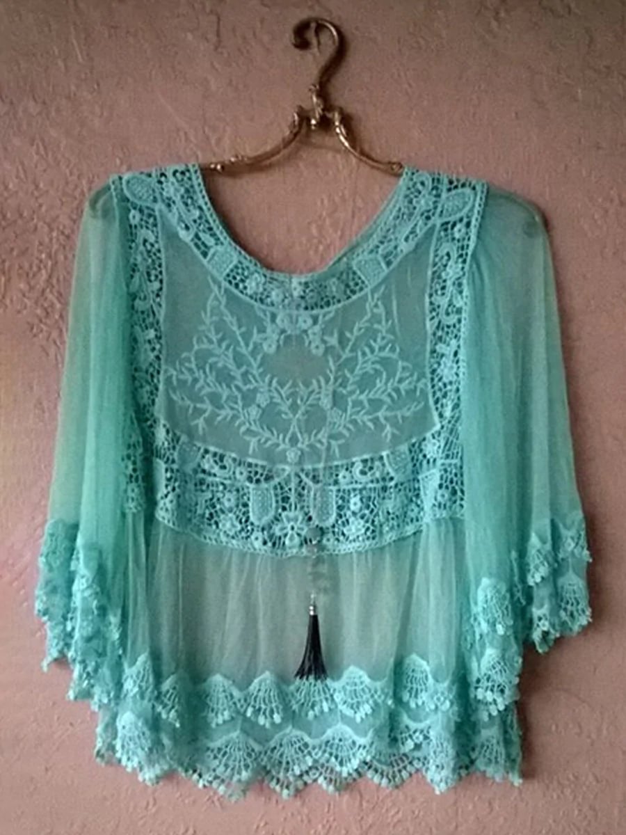 Women's Lace Ruffled Hem Casual Linen Top