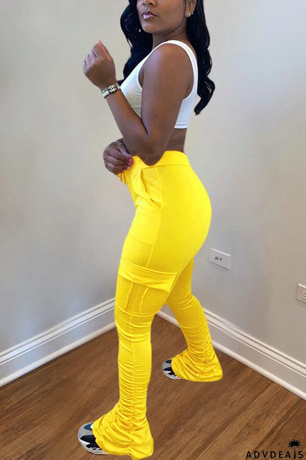 Orange Drawstring High Solid Pocket Draped Boot Cut Pants Bottoms