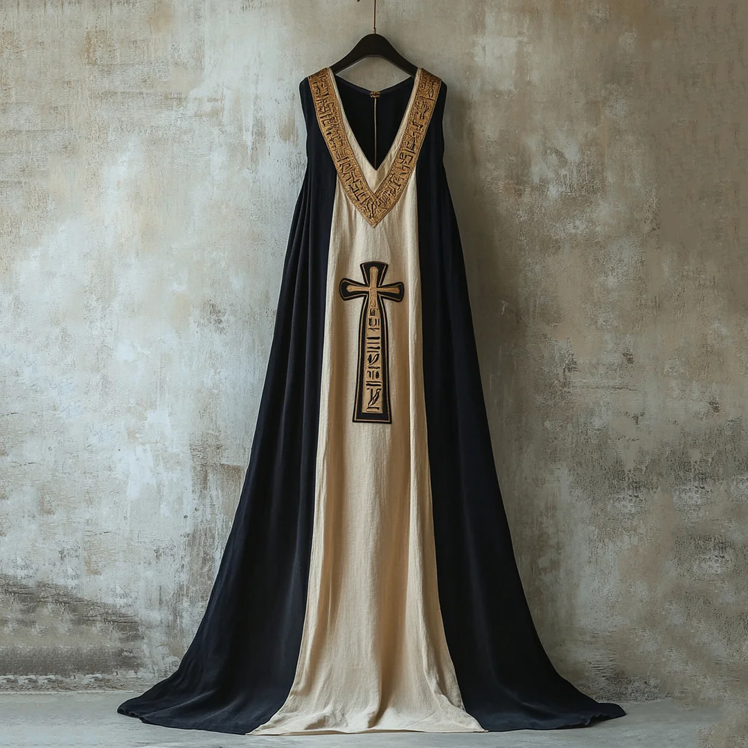 Women's Vintage Egyptian Elements Printed Linen Maxi Dress