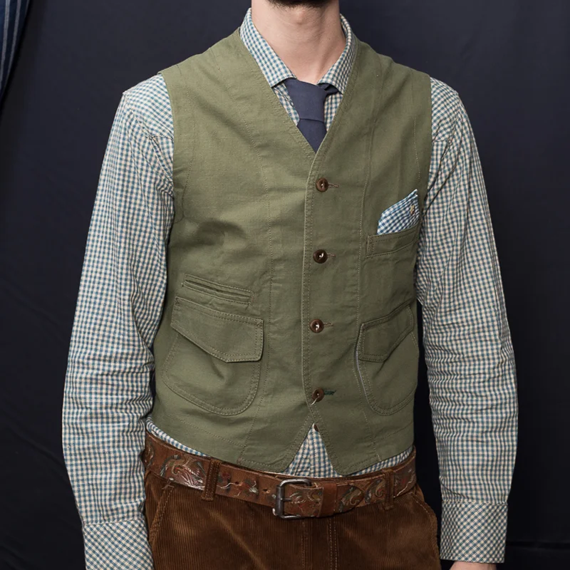 Men's Green Stonewashed Cotton Adjustable Buckle Back Work Vest