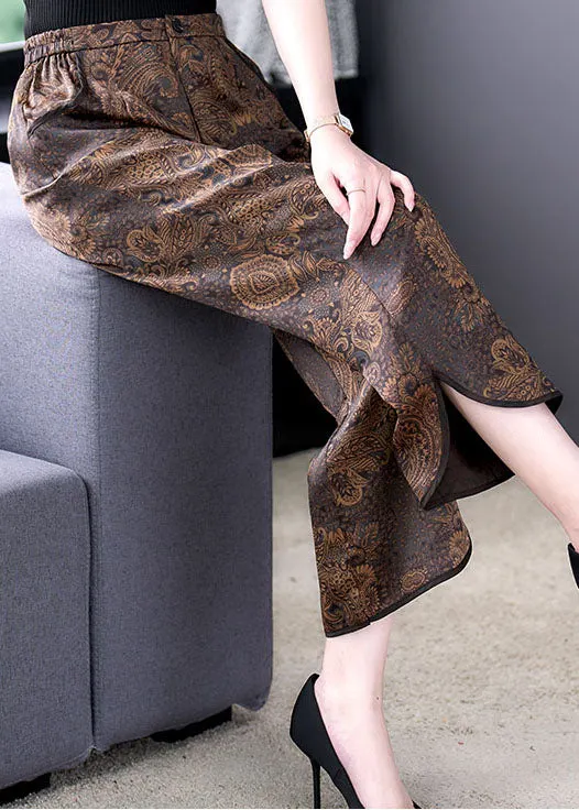 Fashion Coffee Elastic Waist Pockets Side Open Print Silk Crop Pants Summer