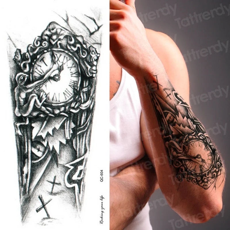 Black Stylish 3D New Man's Half Sleeve Arm Temporary Totem Tattoo Stickers Mechanical Body Art Tatoos for Boys Mens Armband