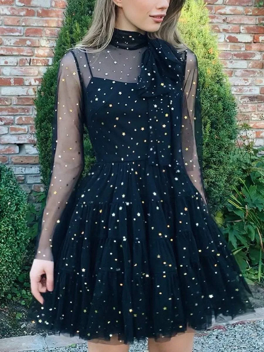Black Sequined Tulle Mini A-Line Dress