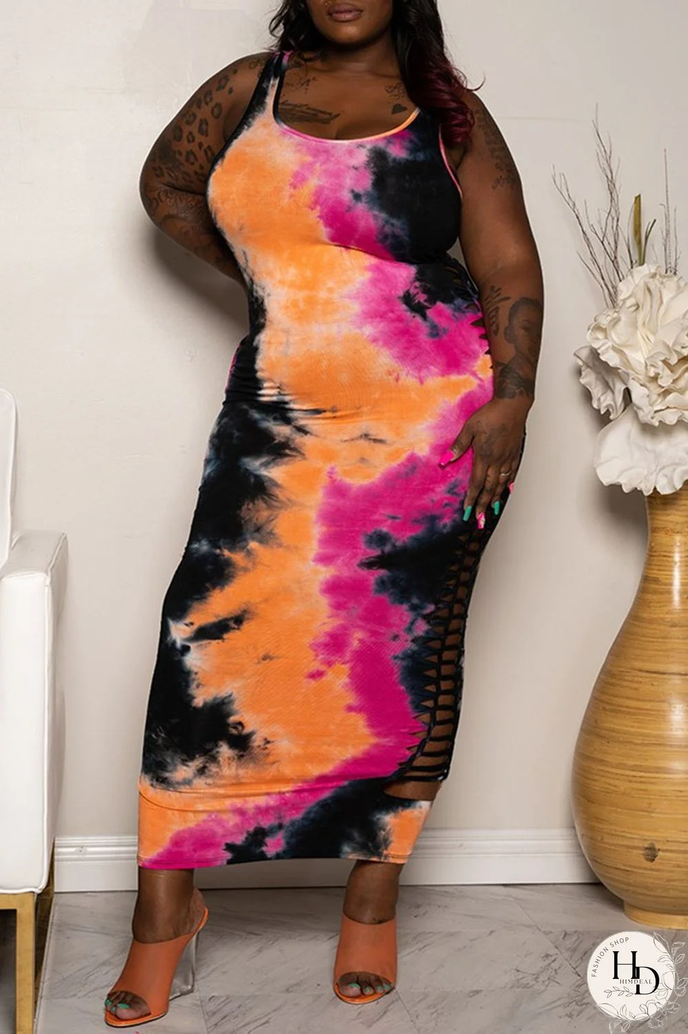 Rose Red Sexy Casual Plus Size Print Tie Dye Hollowed Out U Neck Vest Dress