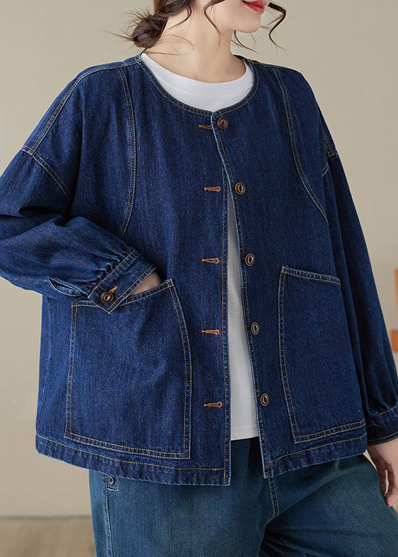 VCSHOES Loose Blue O-Neck Pockets Patchwork Denim Coats Long Sleeve