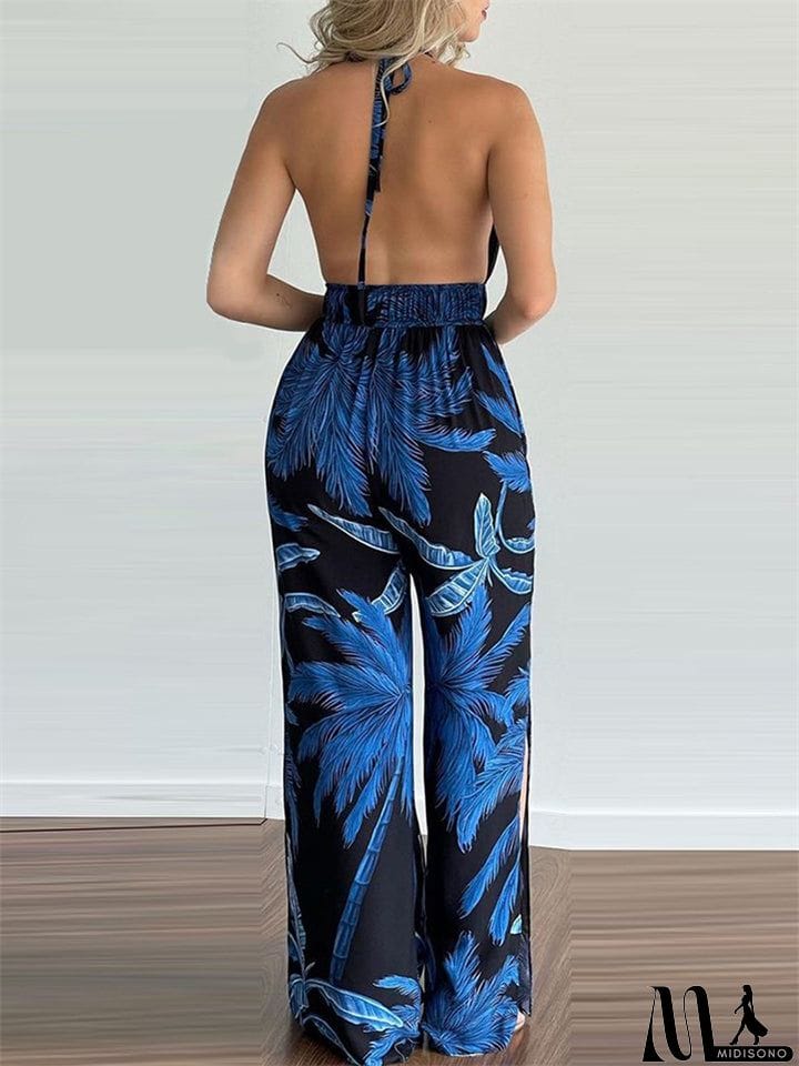 MidiSono - Women's Sexy Backless Digital Print Halter Side Slit Jumpsuit