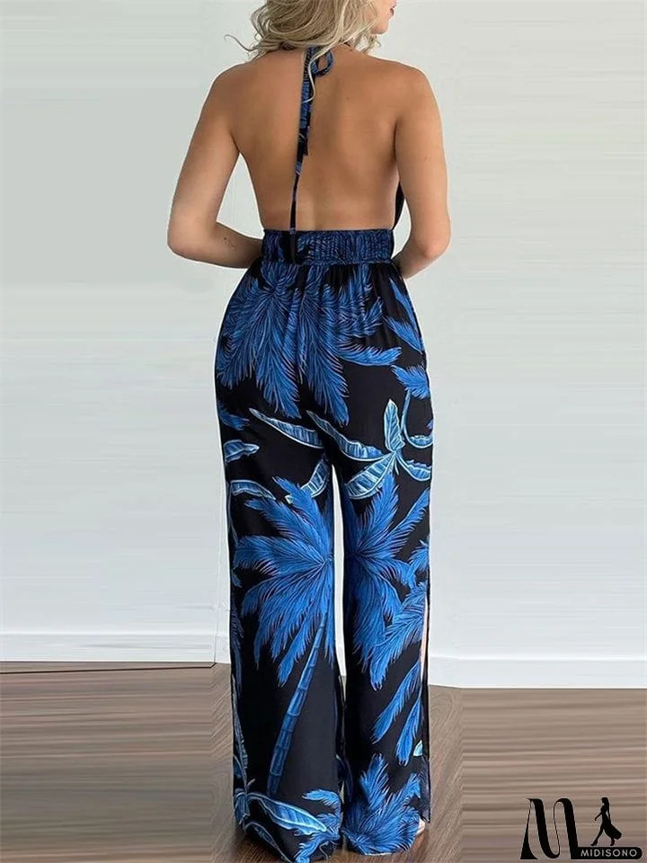 MidiSono - Women's Sexy Backless Digital Print Halter Side Slit Jumpsuit