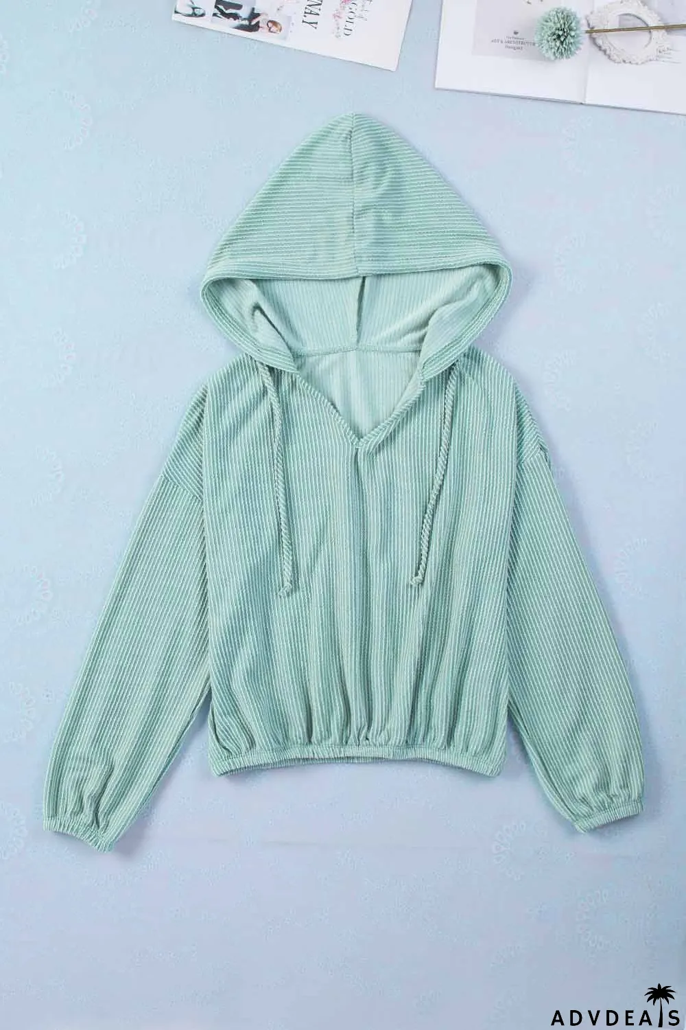Green Loose Fit Ribbed V Neck Hoodie