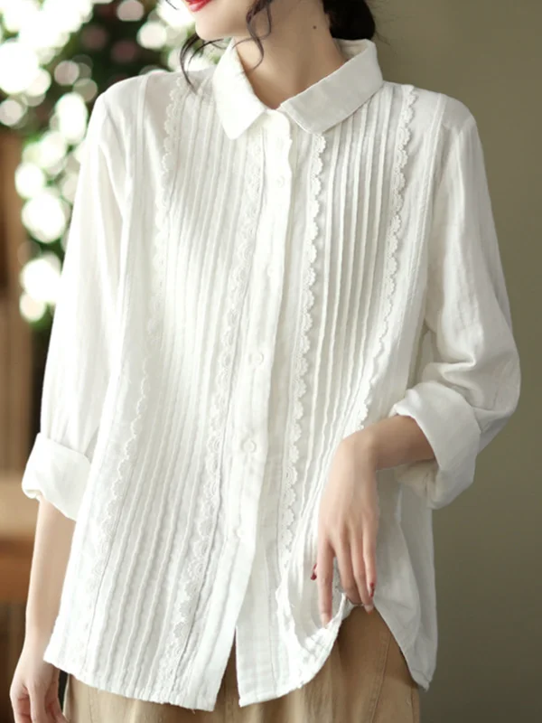 Original Roomy Lace Buttoned Lapel Collar Long Sleeves Blouse