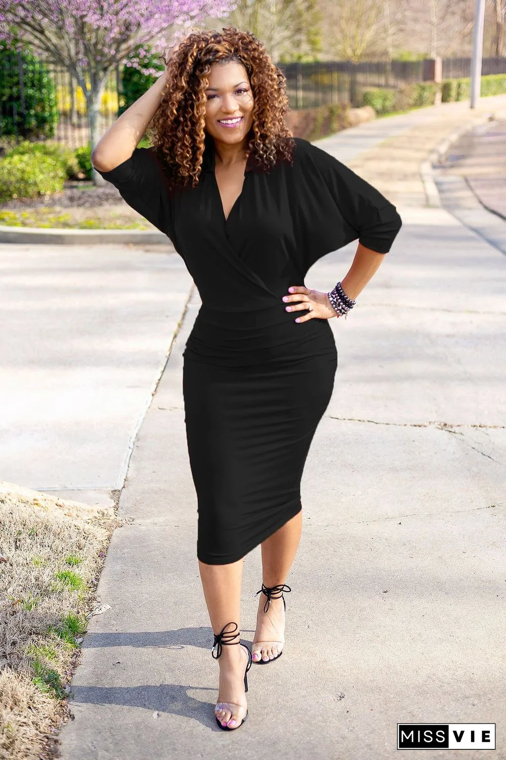 Solid Color V Neck Batwing Sleeves Skinny Office Dress