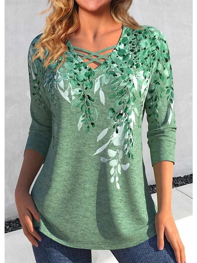 Women's T shirt Tee Green Floral Print Long Sleeve Holiday Weekend Basic V Neck Regular Fit Floral Painting Fall & Winter