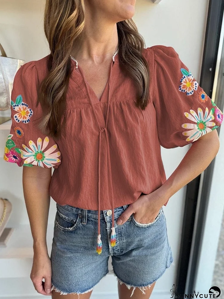 Mineral Red Notched Neck Floral Embroidered Puff Sleeve Blouse