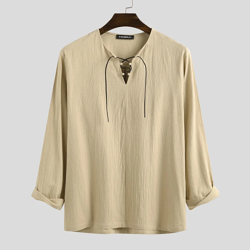 Aonga - Men's Linen Cotton Long Sleeve Solid Lace Up T-ShirtsF aonga