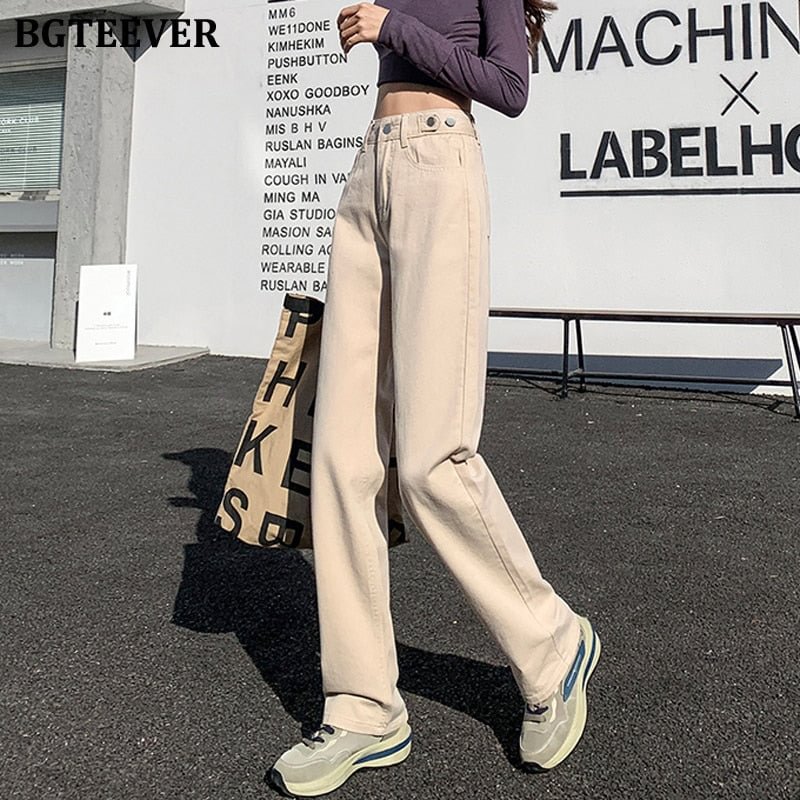 BGTEEVER Vintage Women Wide Leg Jeans 2022 Spring New High Waist Pockets Straight Female Denim Trousers Long Ladies Pantalon