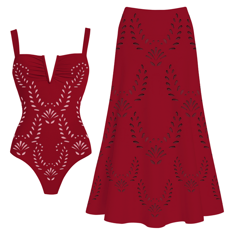 Hollow Out One Piece Swimsuit and Skirt