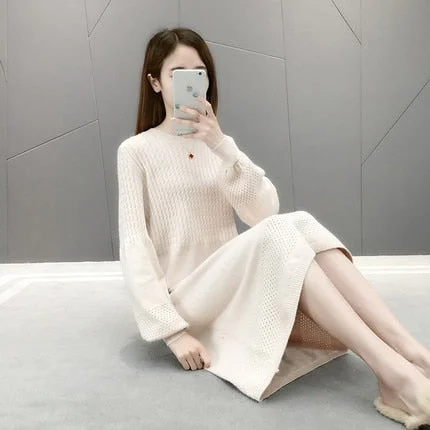 Large Size Loose Solid Casual O-Neck A-Line Autumn Winter Sweater Dress Female Dress Sweater Bottoming Maternity Spring Dress