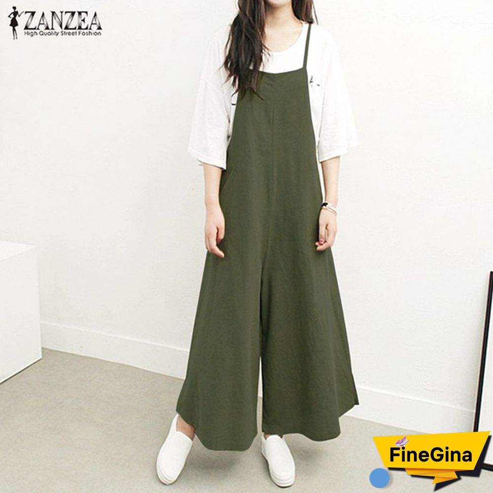 ZANZEA Summer Women Cotton Loose Strappy Romper Long Pants Wide Legs Jumpsuit Pure Color Plus