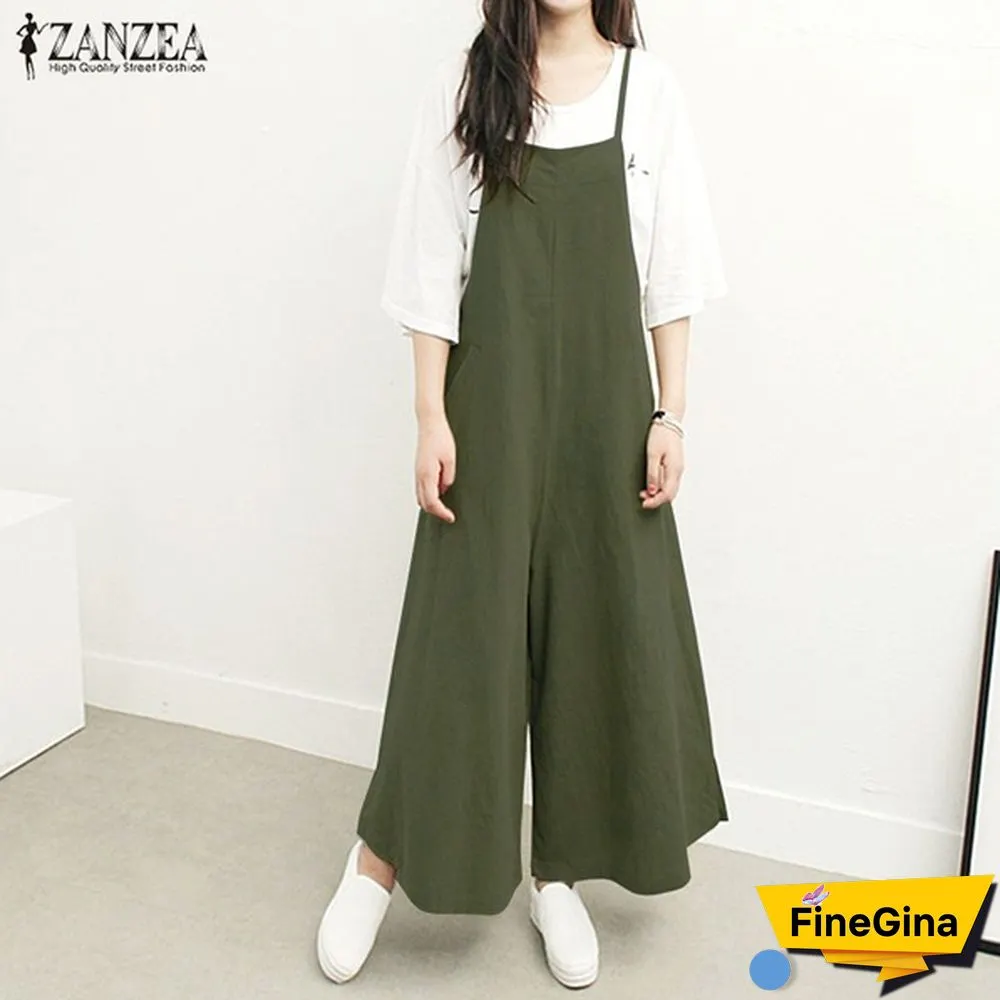 ZANZEA Summer Women Cotton Loose Strappy Romper Long Pants Wide Legs Jumpsuit Pure Color Plus