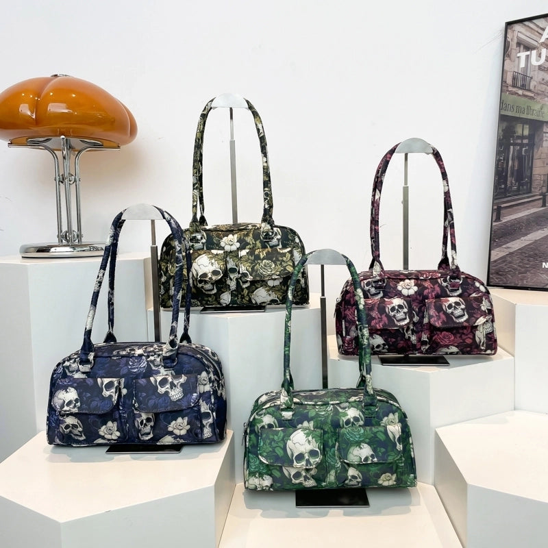 Halloween Women's Flower Skull Streetwear Square Zipper Shoulder Bag