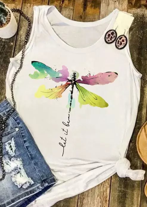 Let It Be Abstract Dragonfly O-Neck Tank - White  LILYELF