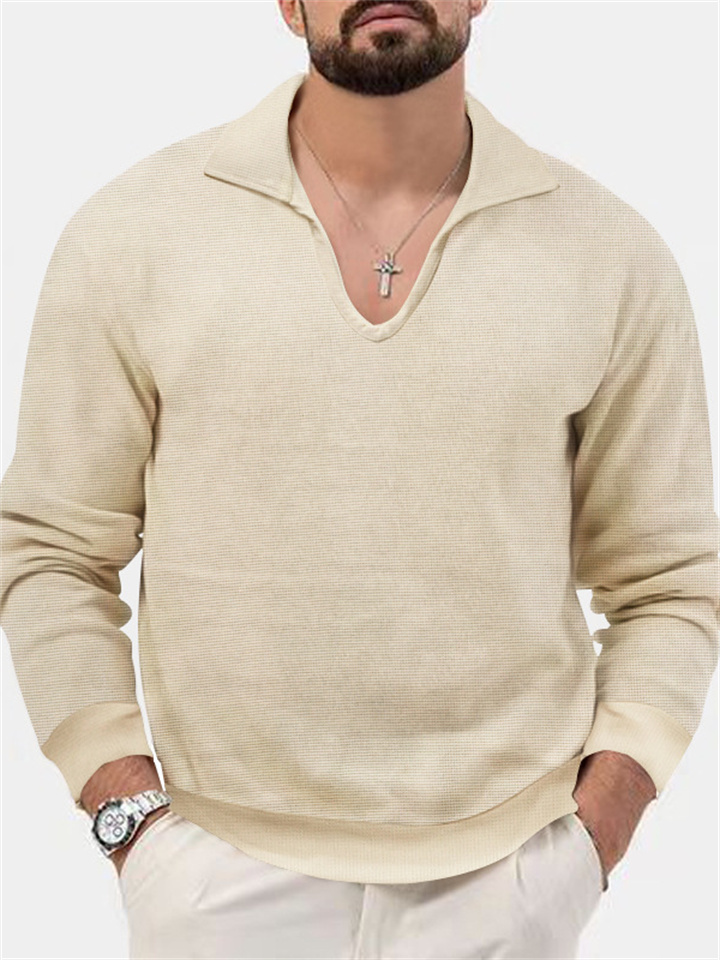 Waffle Men's Pullover Long-sleeved T-shirt Loose Solid Color Slim Lapel Casual Tops S-XXXL