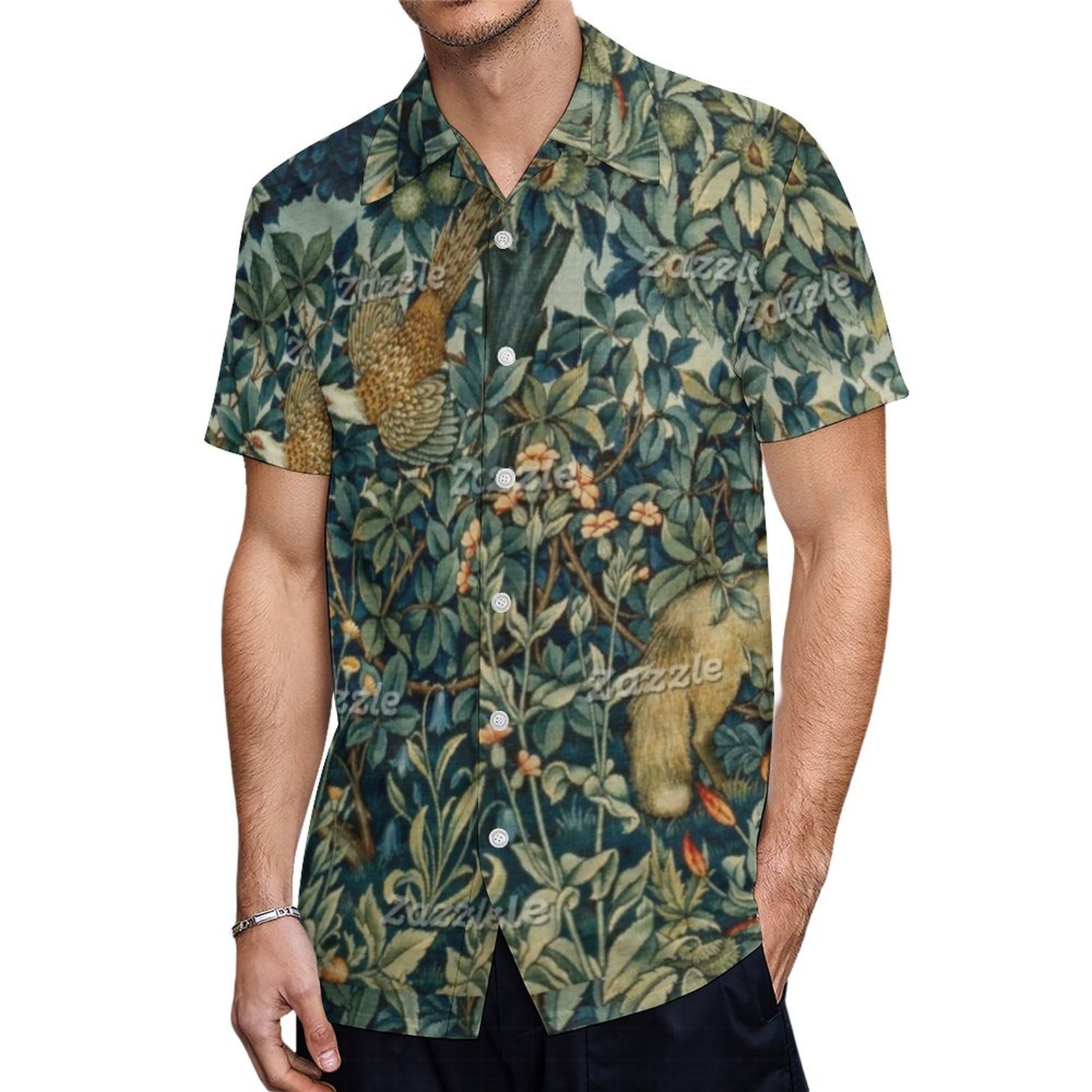 Greenery Forest Animals Pheasant Fox Green Floral Hawaiian Shirt Mens Button Down Tropical Hawaii Beach Shirts