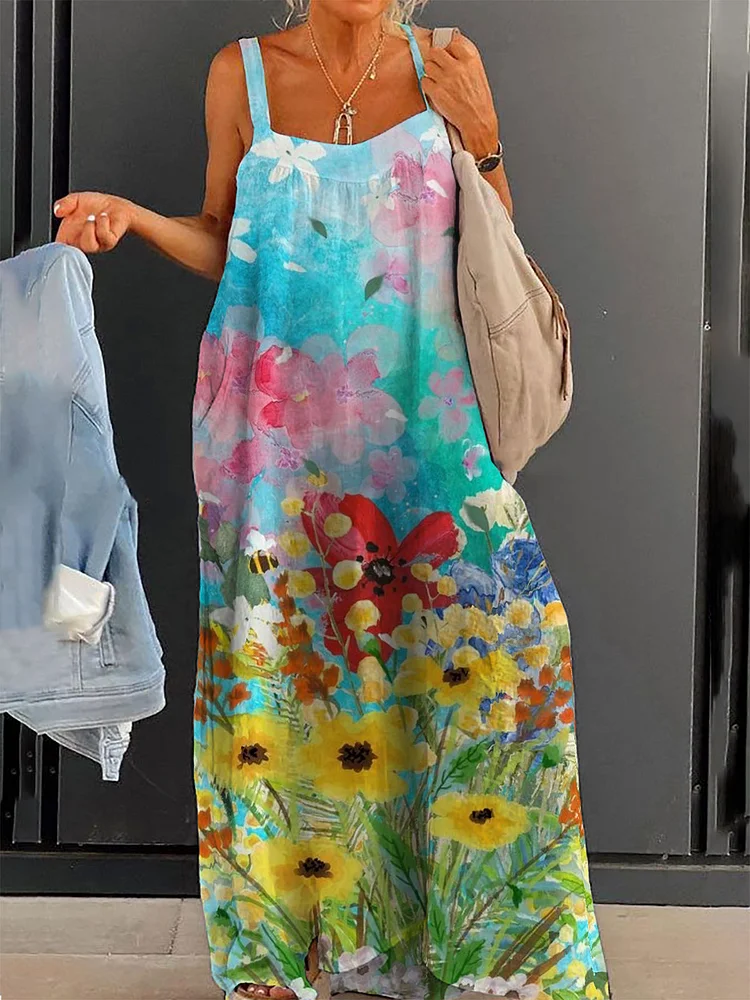 Women's Colorful Flower Painting Printed Large Size Loose Strap Printed Dress Long Skirt socialshop