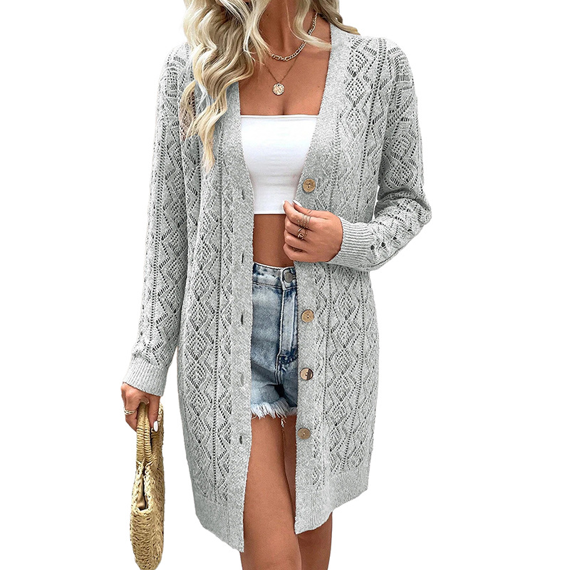 Mature Women Casual Solid Color Hollow Cardigan Sweater