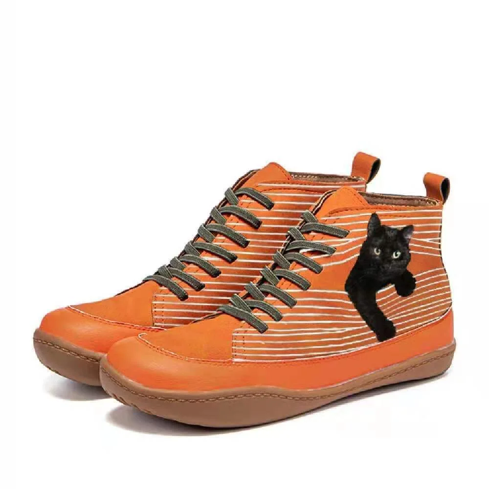 New Products In Autumn and Winter of 2022 Women&amp;#39;s Fashion Striped Cat Flat Shoes with High Top and Lace Up Stitching