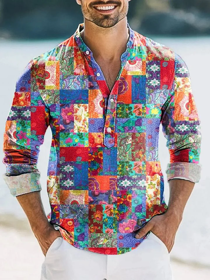 Men's Vintage Geometric Floral Patchwork Art Print Long Sleeve Henley Shirt