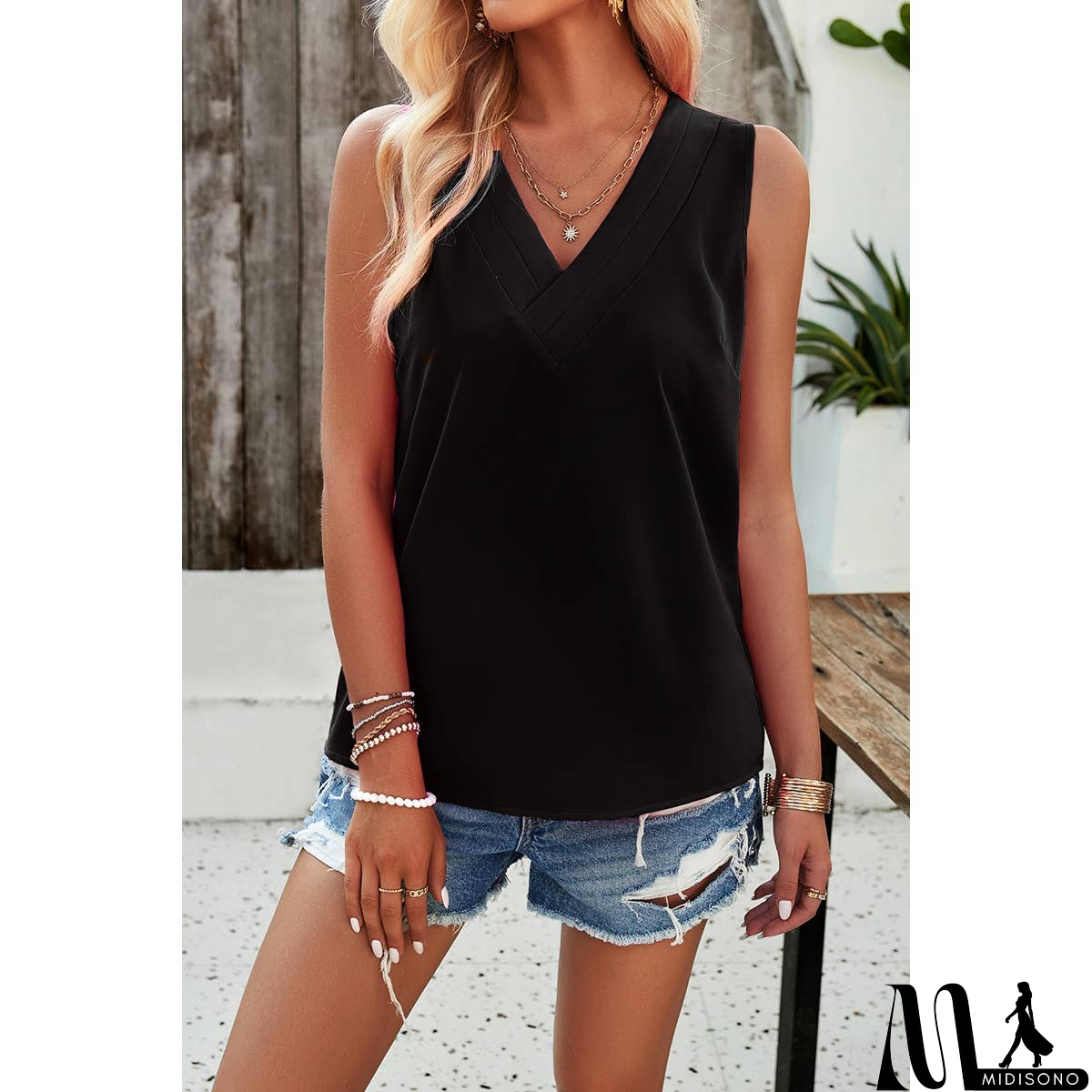 MidiSono - V Neck Sleeveless Tank Loose Solid Top