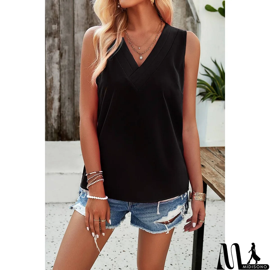 MidiSono - V Neck Sleeveless Tank Loose Solid Top
