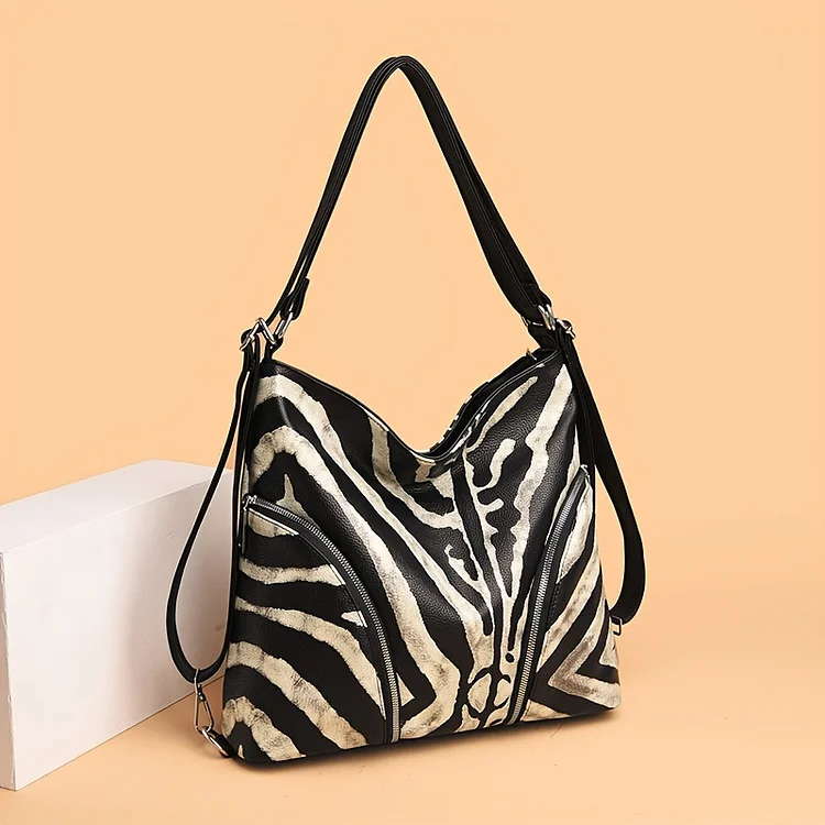 Women's Zebra Pattern Shoulder Bag, Vintage Style Zipper Tote Purse