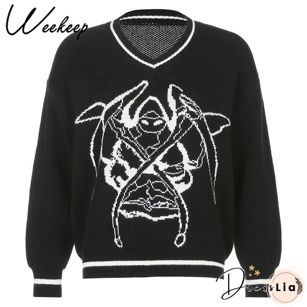 Weekeep Y2K Chic Print Streetwear Oversized Sweater Women'S Casual Autumn Winter Knitted Jumper Fashion Loose Knitwear Pullovers