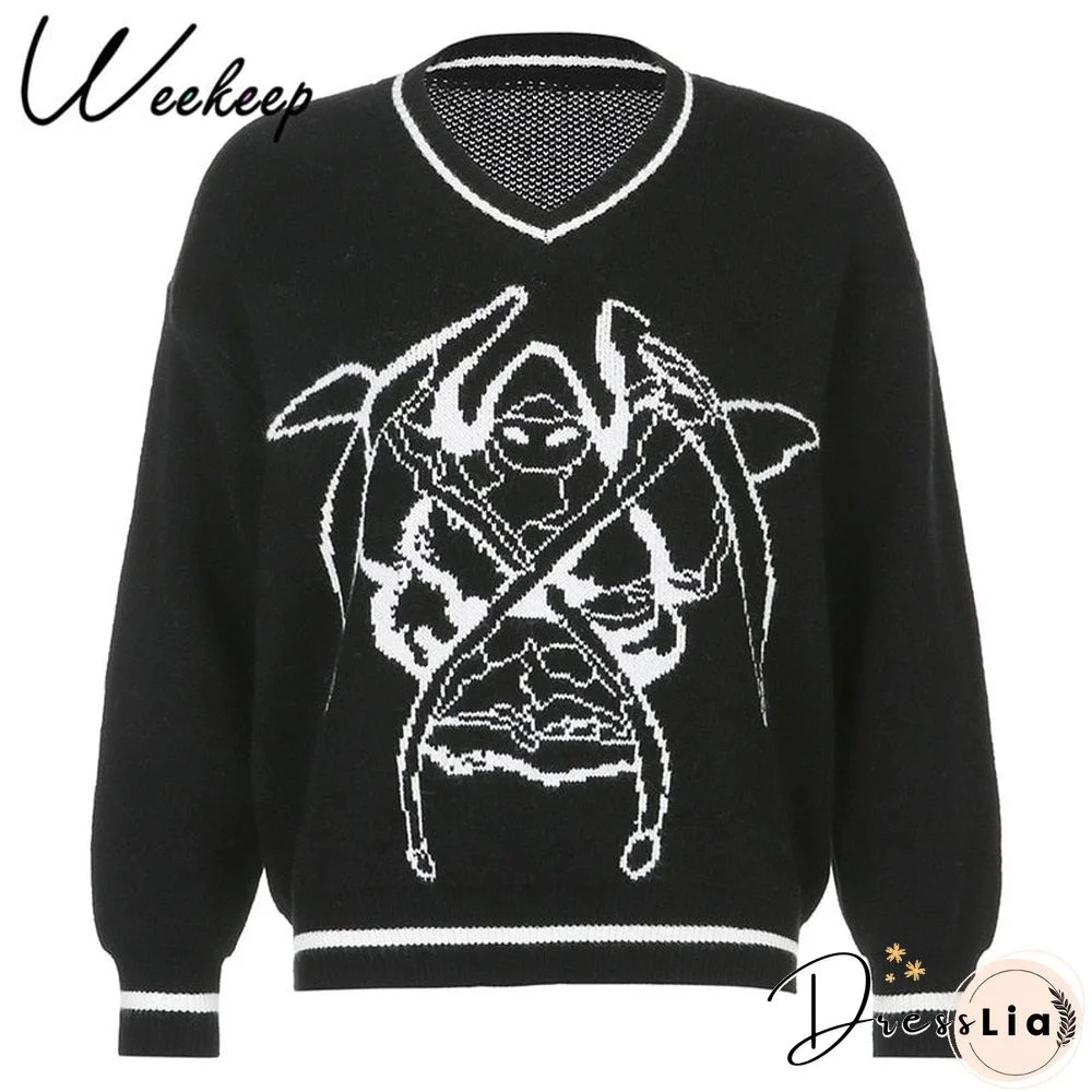 Weekeep Y2K Chic Print Streetwear Oversized Sweater Women'S Casual Autumn Winter Knitted Jumper Fashion Loose Knitwear Pullovers