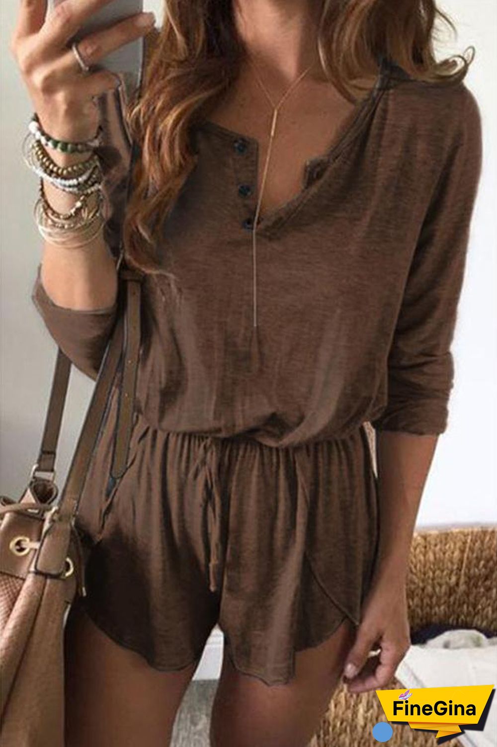 Solid Color Long Sleeve Tie Waist Romper P15011