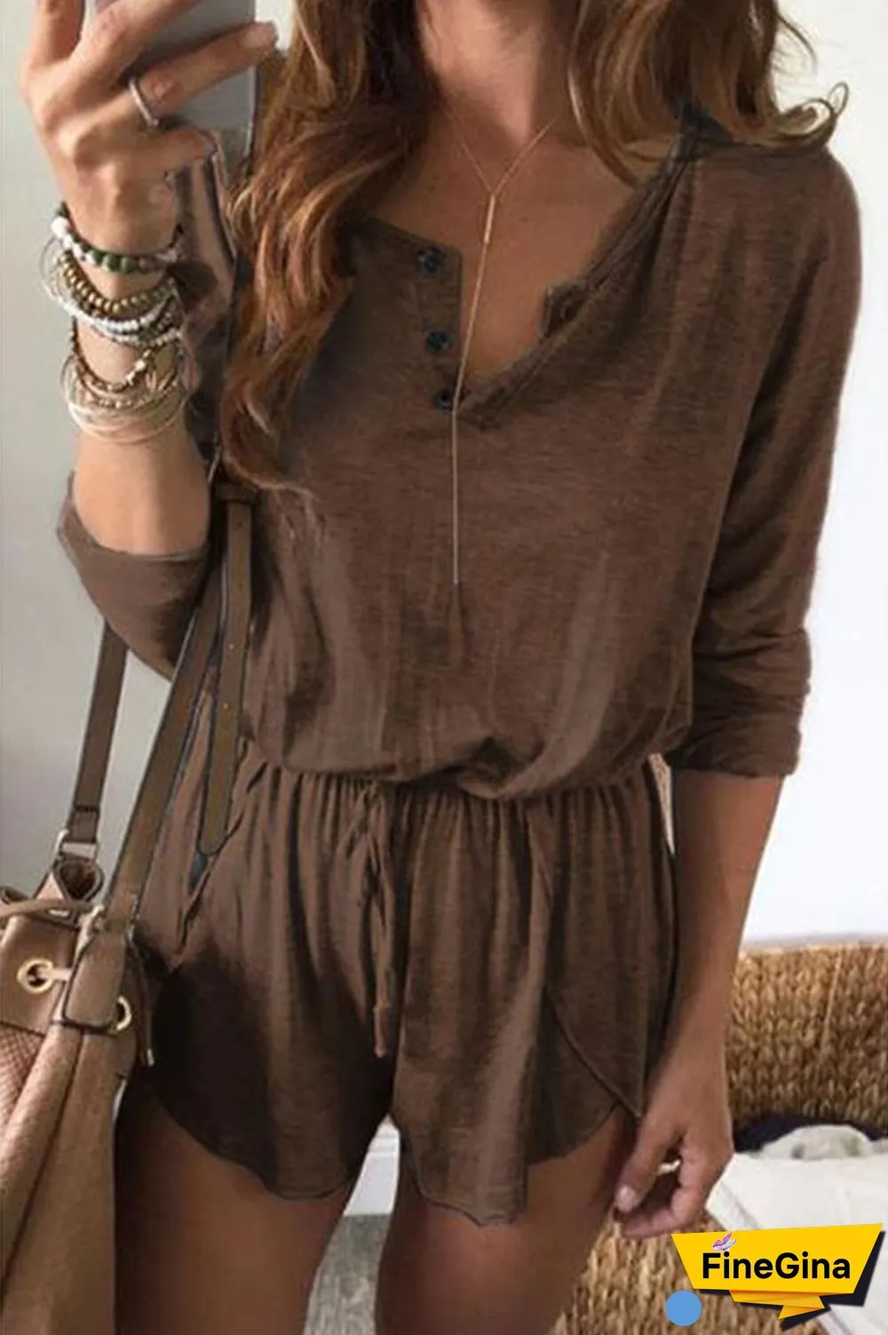Solid Color Long Sleeve Tie Waist Romper P15011