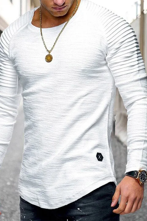 Tiboyz Men's Solid Color Pleated Long Sleeve Casual T-shirt