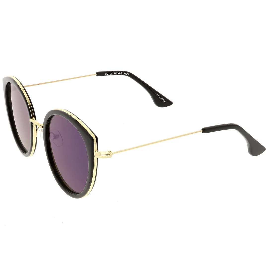 Modern Cat Eye glasses Metal Trim Round Colored Mirror Flat Lens 53mm